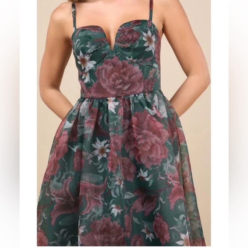 Lulu's Forest Green Floral Midi Dress with Rose Accents - Picture 4 of 8